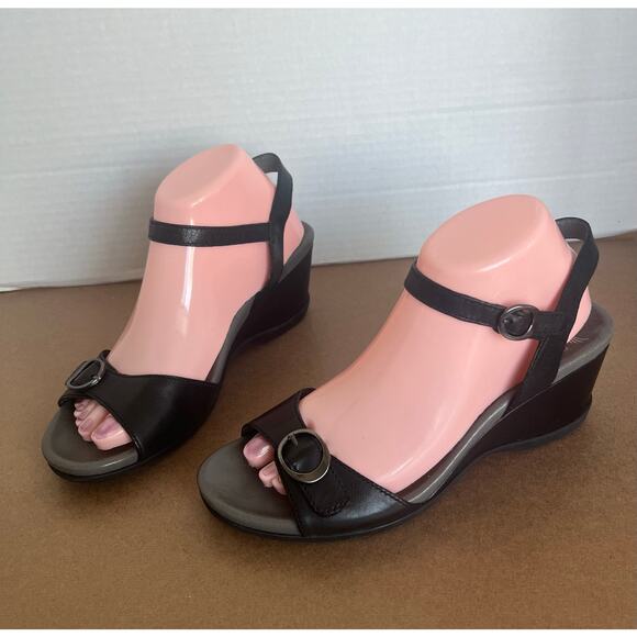 Dansko Arielle Gray/Black Leather Ankle Buckle Wedge Comfort Sandals US 8.5-9 - Picture 1 of 11